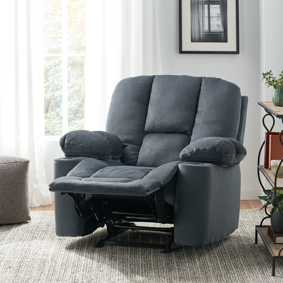 Luxurious Manual Recliner Chair In Silver With Skin Friendly Fabric And Dual Cup Holders Silver Fabric