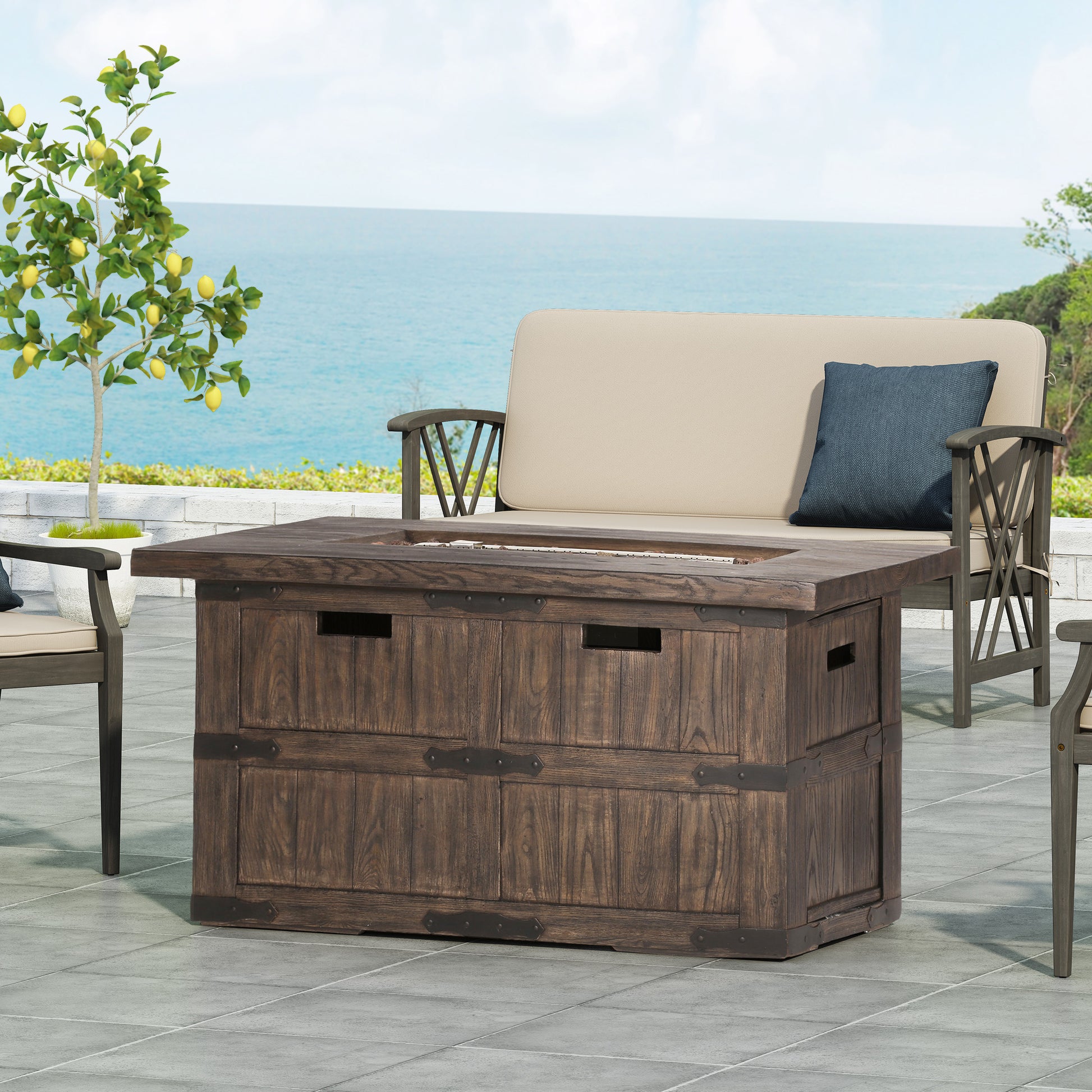 Andrew Rectangle Fire Pit 40,000 Btu Tank Inside Brown Magnesium Oxide