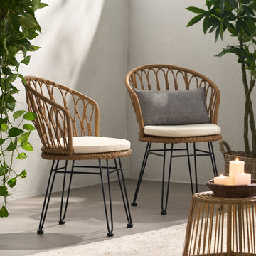 Tavon Chair,2Pcs With 2 Cushions Light Brown Foam Pe Rattan Iron