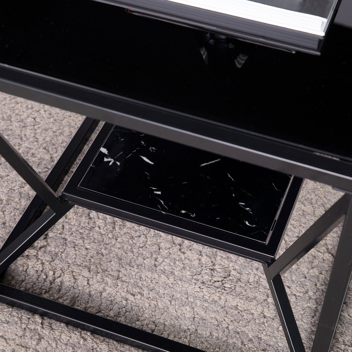 Argall Glass Top Cocktail Table W Storage Black Iron