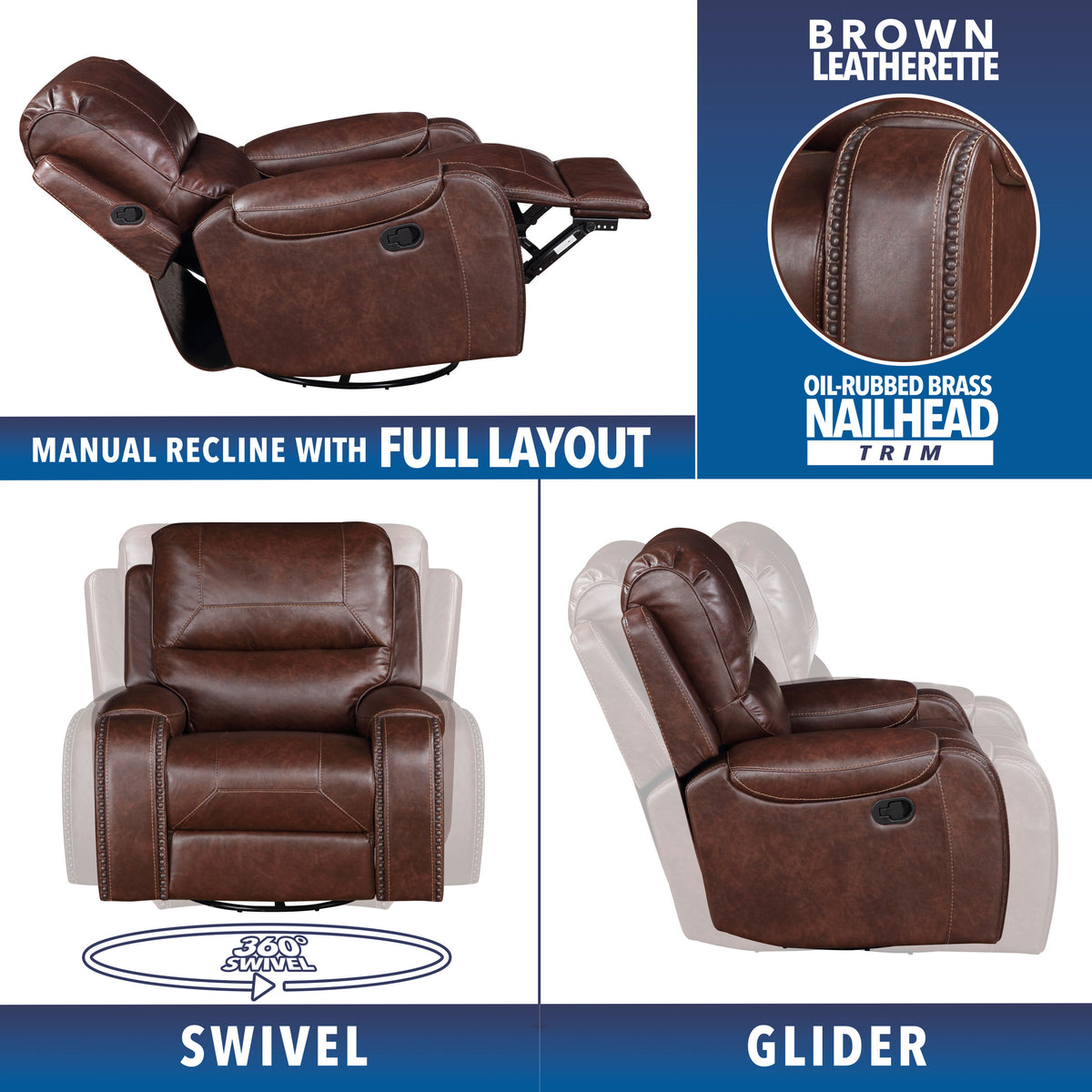 Keily Manual Motion Swivel Recliner Dark Brown Dark Brown Faux Leather
