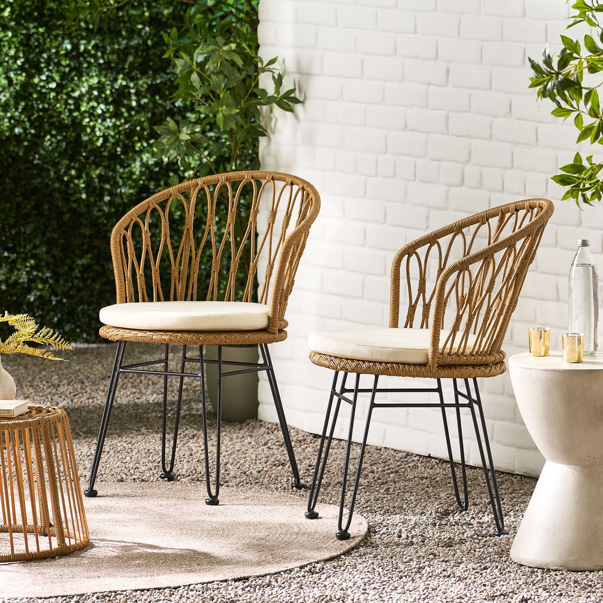 Tavon Chair,2Pcs With 2 Cushions Light Brown Foam Pe Rattan Iron