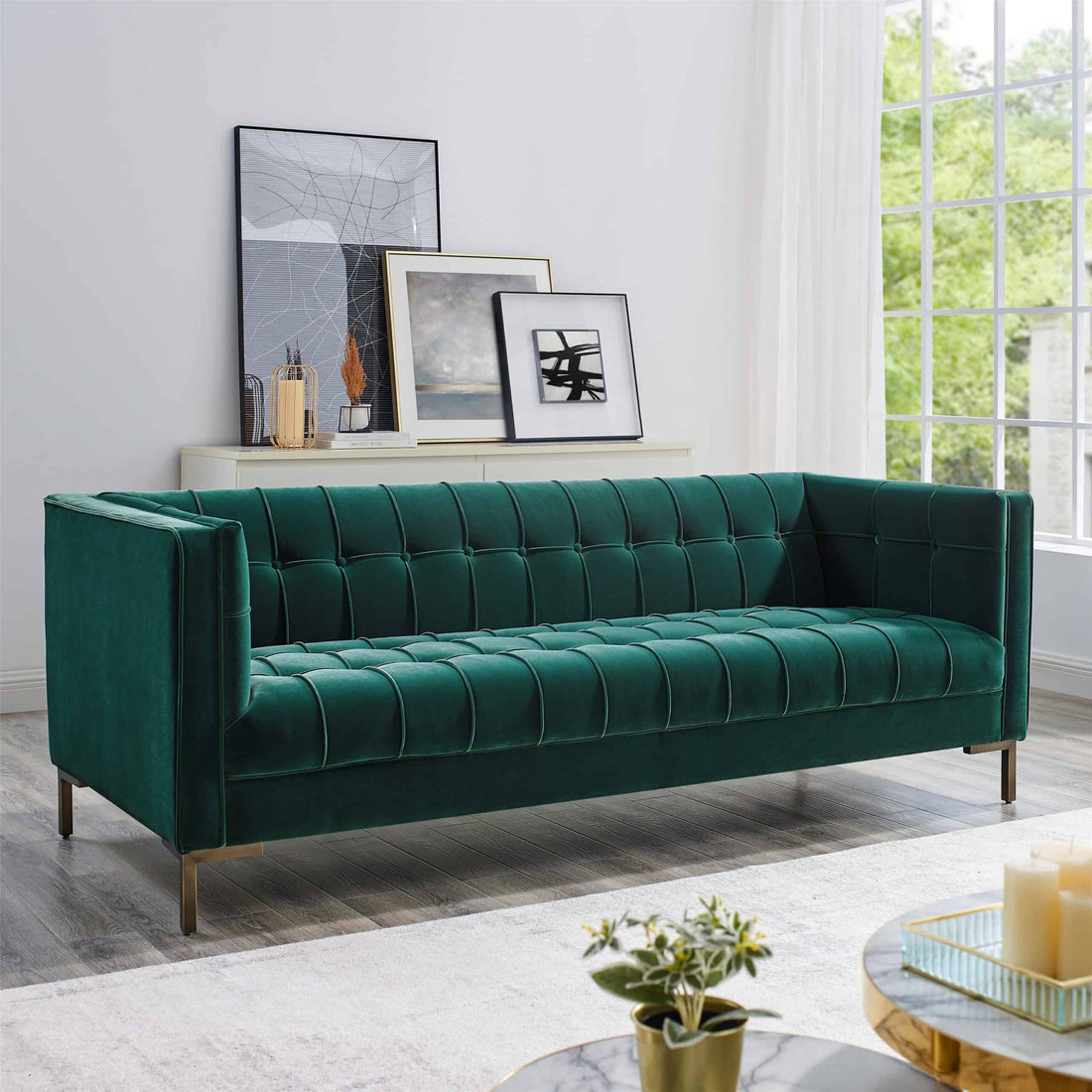 Isaac Channel Stitch Velvet Sofa Green Green Fabric 2 Seat