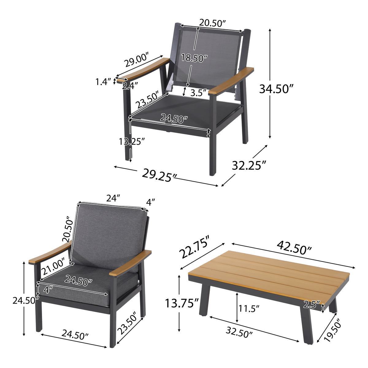 Sinclair 4Pc Chat Set Grey Metal Mesh Wood Fabric