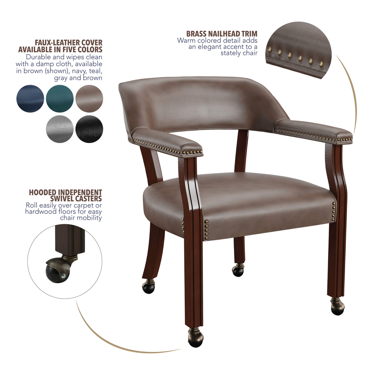 Tournament Arm Chair With Casters Dark Brown Dark Brown Fabric