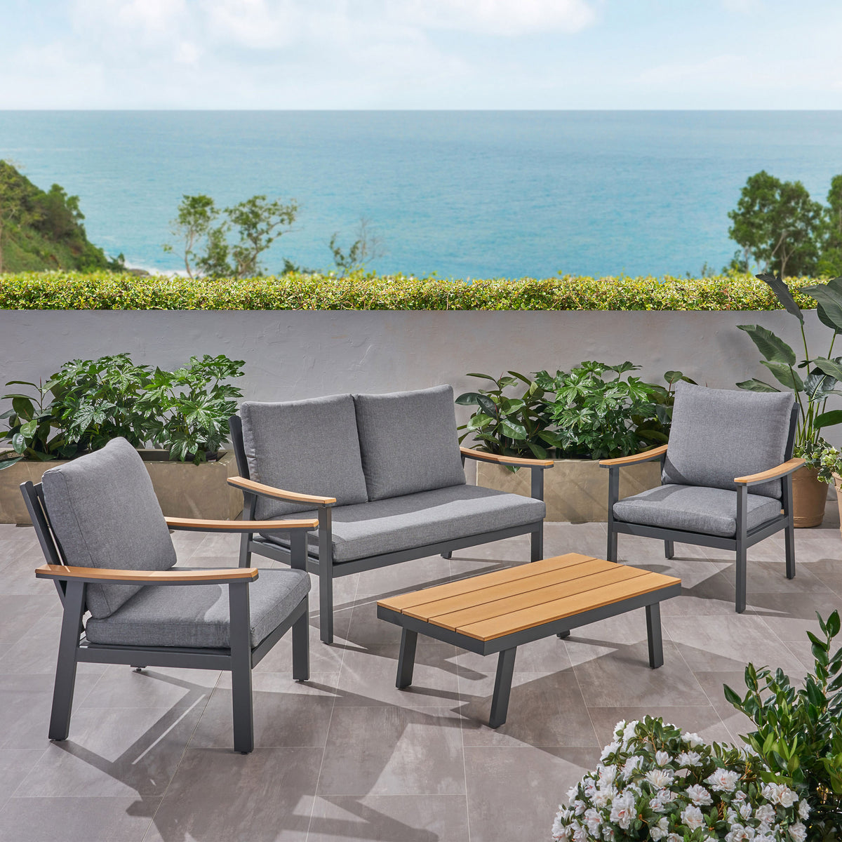 Sinclair 4Pc Chat Set Grey Metal Mesh Wood Fabric