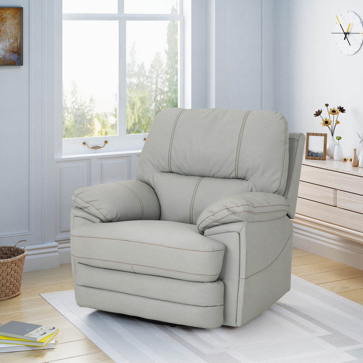 39.5" Wide Faux Leather Power Swivel Standard Recliner Light Grey Pu