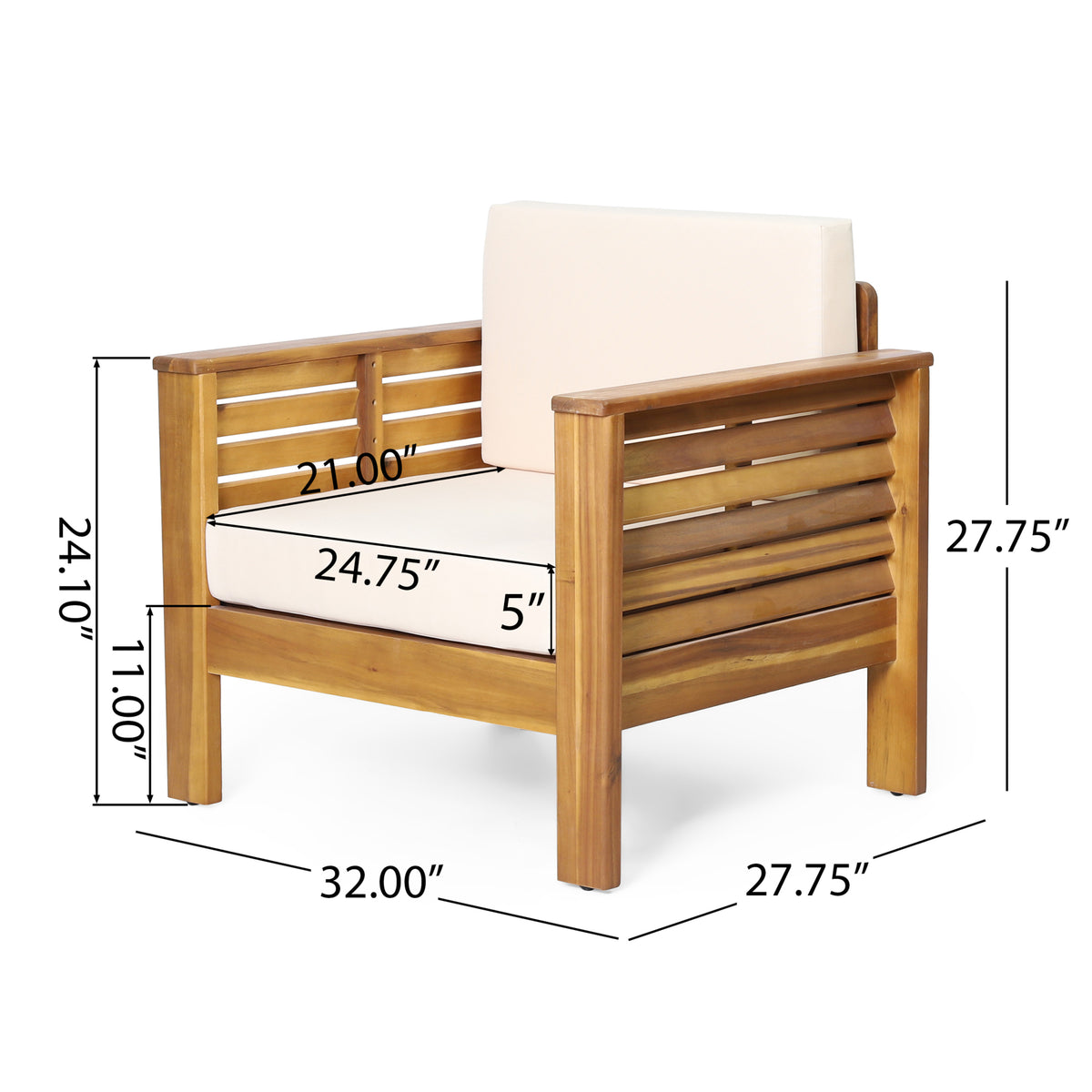 Set Of 2 Outdoor Acacia Wood Club Chairs With Cushions, Teak Beige, 27.75"D X 32"W X 27.75"H Yes Brown Beige Foam Acacia Wood