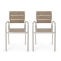 Outdoor Modern Aluminum Dining Chair With Faux Wood Seat Set Of 2 , Natural And Silver Natural Aluminium