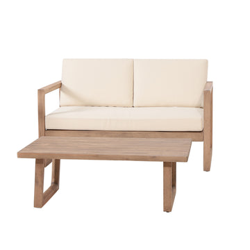 Outdoor Acacia Wood Loveseat And Coffee Table Set With Cushions, Brown Wash, Beige Brown Acacia Wood