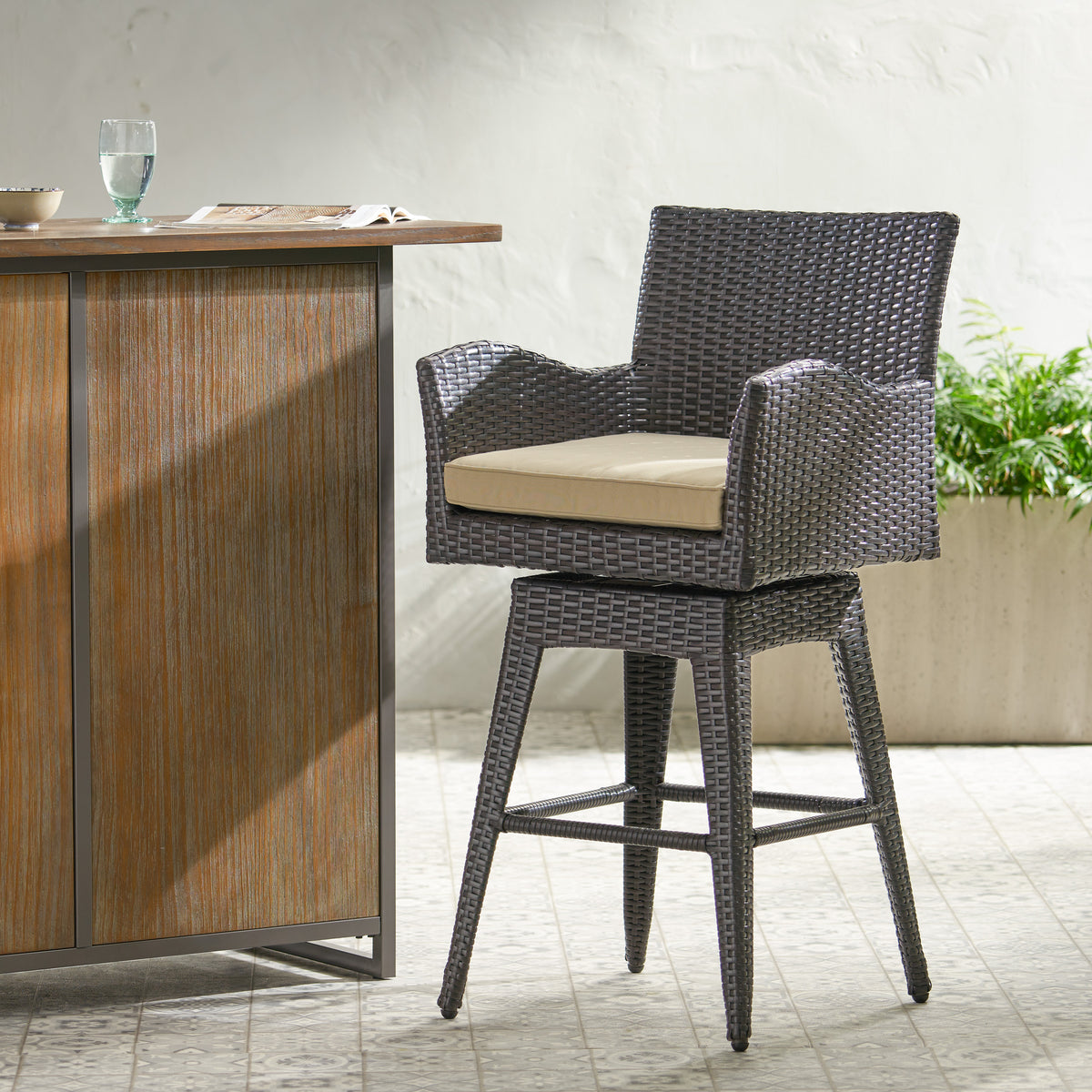 Pe Swivel Arm Bar Stool Brown Multi Rattan