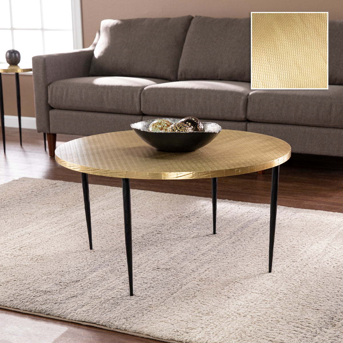 Judmont Round Cocktail Table W Embossed Top Black Iron