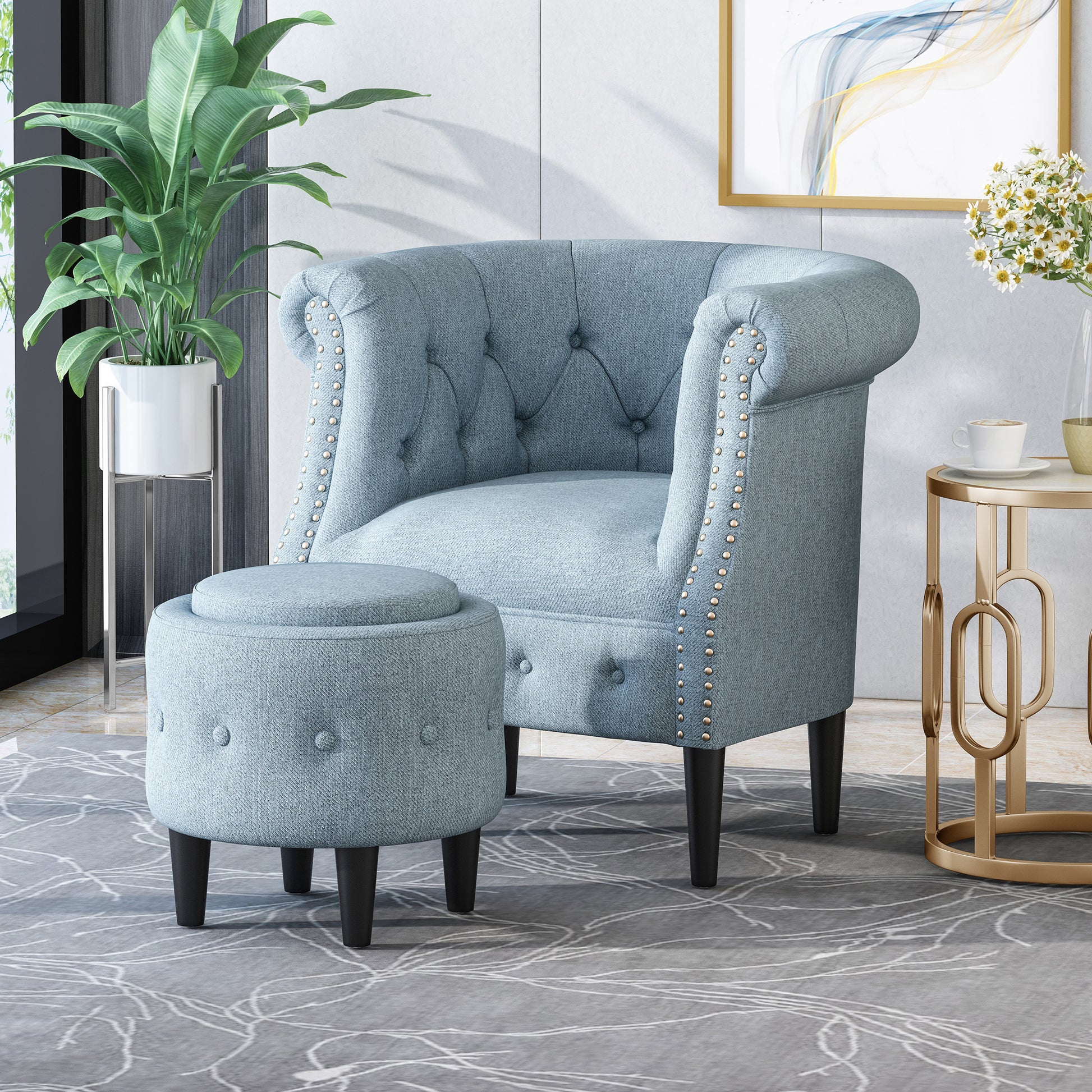 Chair Ottoman Light Blue Fabric