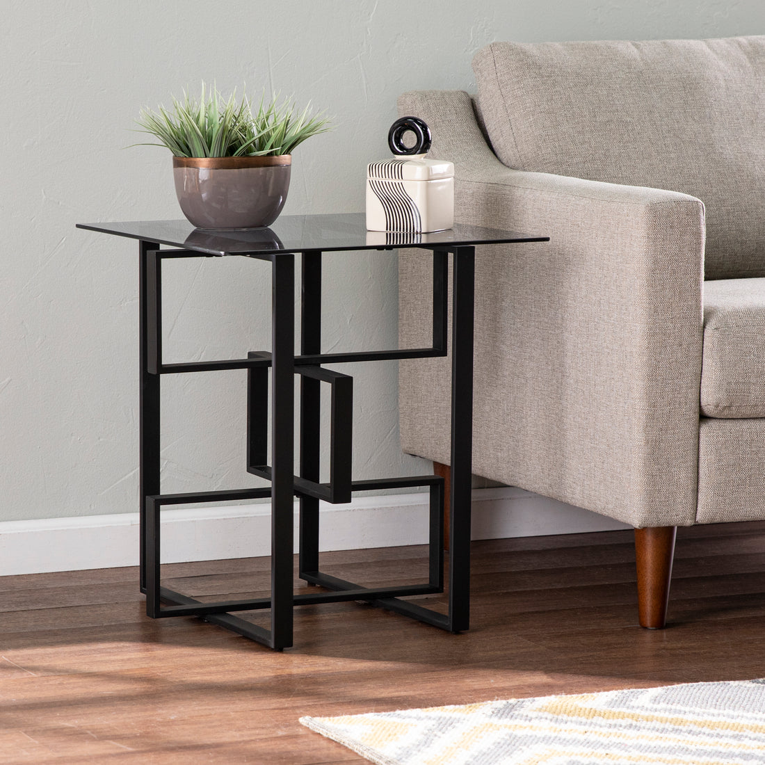 Clanlin Glass Top Accent Table Black Iron