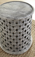 Samir Round Tribal Carved Wood End Table White White Wood